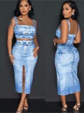 Sexy Denim-Printed Spandex Midi 2-Piece Dress | M